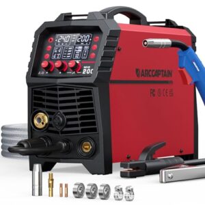 ARCCAPTAIN MIG MAG Schweißgerät 200 Ampere, 7 in 1 vollsynergisches Schweißgerät FLUX Fülldraht/MAG/MIG Schutzgas Schweißgerät/MMA/Lift TIG/Unterstützung Spool Gun/Punktschweißen, IGBT Inverter230V