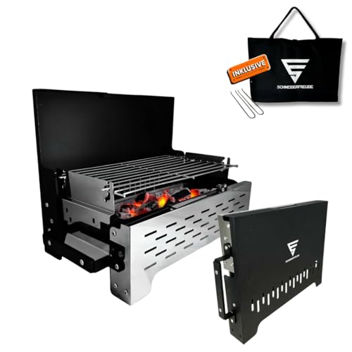 SCHNEIDERFREUDE Klappgrill 2.0: Höhenverstellbarer Camping-Grill mit Doppelfunktions-Zangen & Tasche – DEKRA-geprüfter Holzkohlegrill für Outdoor & BBQ