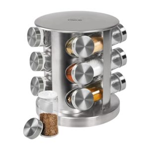 STONELINE Gewürzregal Stehend mit 12 Gewürzgläser, Edelstahl Glas Gewürzkarussell 360° Drehbar Gewürz Organizer Gewürzständer Rund, Gewürzdosen Gewürz Streuer mit Etiketten, Aufbewahrung Küche Zubehör