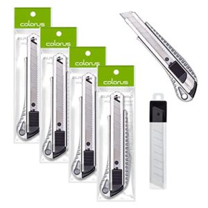 5 x Premium Colorus Alu Druckguss Cuttermesser 18mm | Teppichmesser Allzweckmesser Universalmesser | Kartonmesser mit Arretierung | Paketmesser mit Metallführung | Inklusive 10 x Abbrechklingen