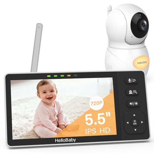 HelloBaby Baby Monitor with Camera, 5.5 Inch Split 720P Screen, without WiFi, 320° Pan 120° Tilt Zoom, Infrared Night Vision Camera Eco Mode, 1000ft, 2-Way Audio, Temperature Time Display, 8 Lullabies
