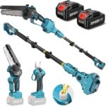 SEESII P6 Combo 6 Zoll Mini Kettensäge mit Teleskopstange & 33 mm Elektro Gartenschere, 4-in-1 Gartenwerkzeug Set mit 2 x 4000mAh Batterien, Maximale Reichweite bis 4,57 m, 30 ml Öltank