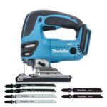 Makita DJV180ZX 18 V LXT Akku-Stichsäge mit Griff oben und 6 Klingen.