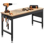 CAMMOO 152 x 55 cm verstellbare, robuste Werkbank, max. 907 kg Tragfähigkeit, Gummibaumholz-Arbeitstisch mit Lochwand, Steckdosen, Werkbank für Garage, Werkstatt, Büro, Zuhause, Gewerbe