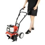 Gartenfräse Motorhacke, Bodenhacke mit höhenverstellbare Räder, Benzin Bodenfräse Rasenfräse zum Pflügen/Ackern/Furchen Ziehen, 52CC Zweitakt-Benzinmotor | 1900W 6500-7000 U/min | 4 Klingen