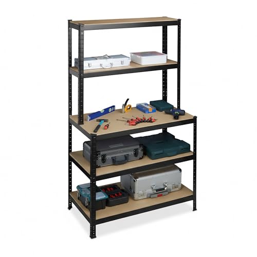 Relaxdays Schwerlastregal mit Werkbank, 500 kg, 5 Ebenen, HxBxT: 180 x 100 x 60 cm, MDF & Stahl, Werkstattregal, schwarz