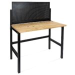 HEMMDAL Werkbank mit Lochrückwand | 150 kg Tragkraft | HxBxT 142 x 121,5 x 64,6 cm | 2,5 cm Starke Holzplatte | klappbar | stabiles Stahlgestell | Profi-Arbeitstisch für Enge Räume