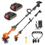 2 in 1 Akku-Bodenhacke, 21V Gartenfräse Elektrisch mit 2 * 1500mAh Akkus, Mikro Gartenfräse mit 1.3m Zusatzhandgriff (4 Metallmesser 10cm Arbeitsbreite 10cm Arbeitstiefe 235 U/min Drehzahl)
