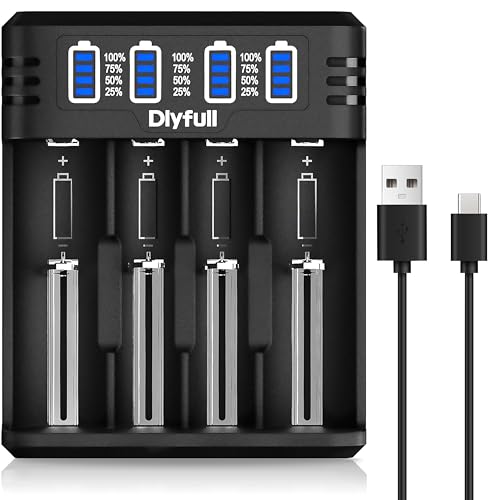 Dlyfull 18650 Ladegerät, 4 Fach Universal Akku Ladegerät mit LED Anzeige, Schnell USB-C Batterieladegerät für 18650 21700 17500 16340 26650 AA AAA C 3,7V Li-Ion Akkus 1,2V NI-MH/NI-CD Batterie