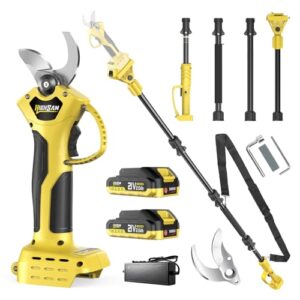 Gisam Akku Gartenschere, Elektrische Astschere mit 2 x Batterien & LCD Display, Akku Rosenschere Unterstützt die Einstellung der Öffnung für Beschneiden von Hecken & Obstbäumen (Gelb3)