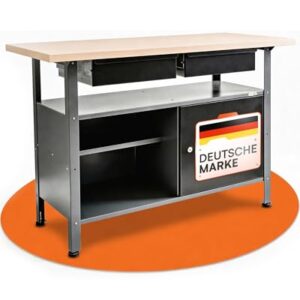 Ondis24 Werkbank Fritz - Höhenverstellbare Werkbank Mit Schubladen, Metall Anthrazit, 120x60x85(H) cm, 25mm Dicke Melamin-Arbeitsplatte, Abschließbare Tür, Belastbar Bis 250kg (Melamin, 120cm)