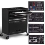 Arebos Werkstattwagen Schwarz | 4 Schubladen inkl. 81-TLG. Werkzeug + großes Fach | inkl. Antirutschmatten | kugelgelagerte Schubladen | Transportsicherung | 2 Rollen mit Feststellbremse
