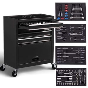 Arebos Werkstattwagen Schwarz | 4 Schubladen inkl. 81-TLG. Werkzeug + großes Fach | inkl. Antirutschmatten | kugelgelagerte Schubladen | Transportsicherung | 2 Rollen mit Feststellbremse