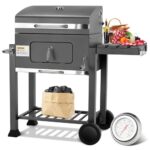 Grau Holzkohlegrill XL, Grillwagen Holzkohle, Groß Kohlegrill, Griller, Smoker Holzkohlegrill mit Deckel, 2PCS Räder, Grillrost und Thermometer, Höhenverstellbar, BBQ Grill für Camping und Garten