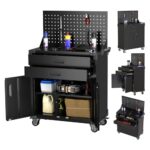 SUPEER Professioneller Werkzeugschrank mit 2 Schubladen,Werkstattwagen mit Werkzeugbrett (Pegboard), 4 Aufbewahrungshaken und Rollen – Stabiler Metallschrank zur Werkzeugaufbewahrung