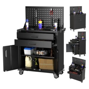 SUPEER Professioneller Werkzeugschrank mit 2 Schubladen,Werkstattwagen mit Werkzeugbrett (Pegboard), 4 Aufbewahrungshaken und Rollen – Stabiler Metallschrank zur Werkzeugaufbewahrung