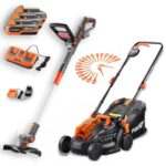 FUXTEC Akku Garten-Set – 20V Akku Rasentrimmer und 33cm Rasenmäher 40V (2x20V) inklusive 3X 2Ah Li-Ion Akkus & Doppelladegerät – Trimer Schnittbreite 25cm – Rasenmäher mit Schnitthöheneinstellung