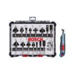 Bosch 15tlg. Fräser Set mit Cuttermesser (für Holz, Ø 8 mm Schaft, Professional Zubehör Oberfräse)