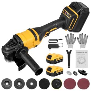 21V Akku-Winkelschleifer mit bürstenlosem Motor, inklusive Akku und Ladegerät, 125-mm-Trennscheiben zum Trennen, Schleifen und Polieren, 30.000 U/min (Zwei Batterien)
