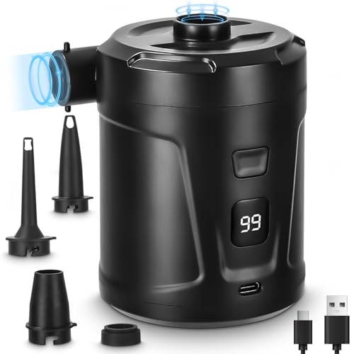 Elektrische Luftpumpe,5200mAh Wiederaufladbare Akku Luftpumpe,Mini Luftpumpe Elektrisch Inflator mit 3 Luftdüsen,Schnell Inflator für Schlauchboot/Luftmatratze/Planschbecken Pool Kinder (Schwarz)