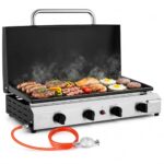 LIFERUN Tischgasgrill mit 4 Edelstahl-Brenner(9.6KW),groß Tischgrill mit Deckel(Grillfläche 74×35cm),Campinggrill Keramische Lackbeschichtung Grillplatte,Balkongrill für Familien,Gartenpartys,Feiern