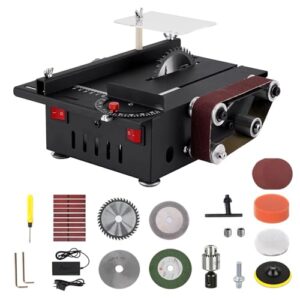 Mini Tischkreissäge, Tischkreissäge Klein mit Bandschleifer, 300W Multifunktionale Tragbare Präzisions DIY Miniatur Tischkreissägen mit 4 Klingen, 0,1-30mm Sägeblatt für Holzhandwerk, DIY