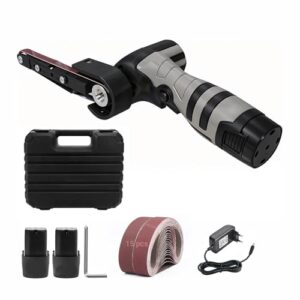 Akku Bandschleifer mit 15 Schleifbänder (80-1000 Körnung), Mini-Bandschleifer 6500 U/min mit 2 x 1500-mAh-Akkus und Ladegerät, 360° verstellbarer Schleifkopf für Holz, Metall, Leder, Glas und mehr