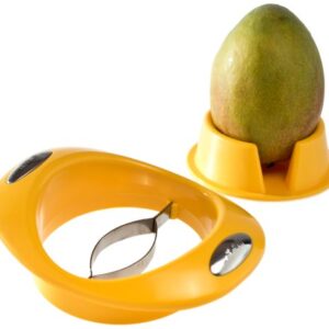 G S D Haushaltsgeräte GSD Mangoschneider mit Edelstahlklinge und Fruchthalter für exotische Früchte und spülmaschinengeeignet, Gelb, 17 x 14 x 5 cm