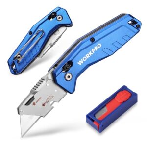 WORKPRO Klappmesser aus Aluminium, Klappbares Cuttermesser Universalmesser mit Slip Lock, Schnellwechselklinge, Schweres Teppichmesser mit 10 zusätzlichen Klingen