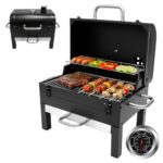 kisidus Holzkohlegrill mit Deckel und Thermometer, Tragbarer BBQ Grill mit Ascheschale, Grillrost 48 x 32 cm, Tischgrill für Outdoor Camping