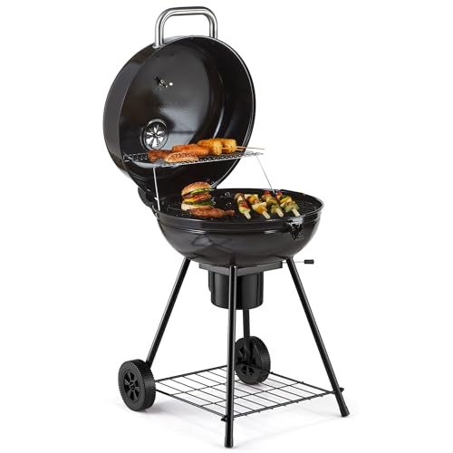 VonHaus Kettle Holzkohlegrill 53.3cm– Tragbarer Kugelgrill mit Warmhalterost, Temperaturanzeige, Ablage, Rädern, Abschließbarem Deckel, Aschebehälter und Großem Grillrost für Fleisch, Fisch und Gemüse