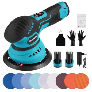 Teodute Exzenterschleifer 150mm, 8 Einstellbare Geschwindigkeiten, 2500-5500 U/min Schleifmaschine, Geschwindigkeiten für Wachsen Polieren Lackentfernung Rostentfernung(mit 2 x 2,0 Ah Akku)