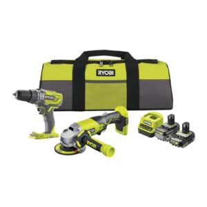 RYOBI 18 V ONE+ 6-tlg, Akku-Combo-Kit RCK182O-242SZL, Schlagbohrschrauber, Winkelschleifer, 2x Akkus (4,0Ah & 2,0Ah), Ladegerät, Werkzeugtasche