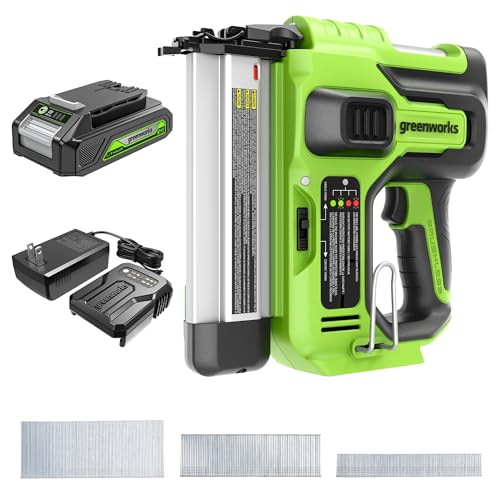 Greenworks 24V 18GA Bürstenloser Akku-Nagler-Set, Schnurlose Heftpistole, Elektrischer Nagelhefter mit 2Ah Akku und 2A Ladegerät