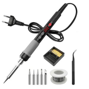 Lötkolben Set, Lötset 90W Lötstation mit Temperatur Einstellbar 180-520°C, Regelbar und EIN/AUS-Schalter mit 5 Lötspitzen, Lötkolbenständer, Lötzinn,Pinzette für Elektrische Arbeiten Reparaturen
