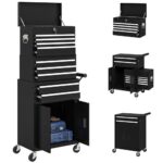 HOMCOM Werkstattwagen inkl. Koffer mit 9 Fächern, Werkzeugwagen leer abschließbar mit Griff, Ablage Werkzeugschrank aus Stahl mit Rollen, Griff Schwarz