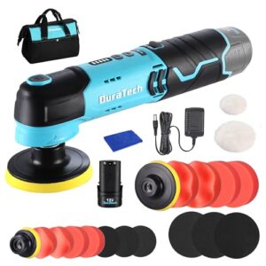 DURATECH Akku Poliermaschine 12V, Mini Auto Polierer 3000RPM mit 2,0Ah Batterie, Akkupolierer 50mm + 80mm Polierteller mit Zubehör und Aufbewahrungstasche für Auto, Möbeln, Metall