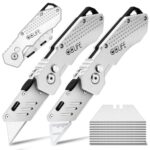 CCLIFE 2 Stück Faltbares Teppichmesser, Klappbares Universalmesser Portabel Cuttermesser mit 10 zusätzlichen SK5 Edelstahlklingen, Gürtelclip und Safety-Lock-Design, Silber