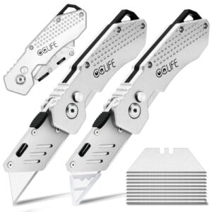 CCLIFE 2 Stück Faltbares Teppichmesser, Klappbares Universalmesser Portabel Cuttermesser mit 10 zusätzlichen SK5 Edelstahlklingen, Gürtelclip und Safety-Lock-Design, Silber