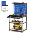 SOARS Werkbank mit Lochwänden, Werkzeugbank Metall mit 3 offenen Regalen & Zubehörteilen zum Aufhängen für Garage, Werkstatt (Blau, 81 x 41 x 156 cm)