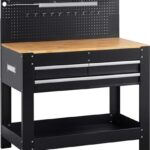 Meister Werkbank für Werkstatt und Garage – Mit LED-Arbeitsleuchte, Steckdosenleiste, 3 Schubladen – 200 kg Belastbarkeit