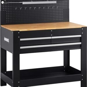 Meister Werkbank für Werkstatt und Garage – Mit LED-Arbeitsleuchte, Steckdosenleiste, 3 Schubladen – 200 kg Belastbarkeit