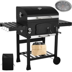LIFERUN Holzkohlegrill mit Deckel XXL, Holzkohle Grillwagen mit Wasserdichte Abdeckung, Rädern, Grillrost, Thermometer und klappbaren Ablagen, BBQ Smoker, Groß Kohlegrillwagen für Camping, Garten