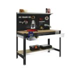 Simon Rack Arbeitstisch, Werkbank 1445x910x610 mm, 400 kg Belastbarkeit, 1 Schublade mit Teleskopschienen, Perforierte Rückwand, Große Arbeitsfläche, Holz-Arbeitsplatte, Anthrazit/Holz – Simonwork