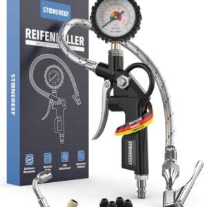Reifenfüller mit Manometer [inkl. Adapter & Ersatzkappen] – Reifendruckfüller für Werkstatt, Auto und Fahrrad – Reifenfüller mit Schlauch und Luftdruckprüfer für Kompressor