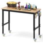 COSTWAY Verstellbare Werkbank mit Rollen, Werkstatt Arbeitstisch aus Gummi Holz mit 2 Lochplatten & Metallrahmen, 1100 kg Tragkaft, Werkbanktisch Werkzeugtisch mit 122cm Arbeitsfläche für Garage Büro