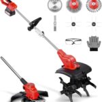 2-IN-1 Doppelmotorkopf AKKu Gartenfräse und Rasentrimmer mit 4000mAh Akku, Elektrisch Bodenhacke mit 5 Klingentypen und Unkrautbürste, Akku Motorhacke für Klein Beet & Garten