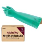 Ansell AlphaTec 37-185 Nitril-Arbeitshandschuhe, Industrie Chemikalien und Lebensmitteln, Chemikalien-Schutz Latexfrei, Chemie-Handschuh Säurefest, Damen Herren, Grün, Größe L (1 Paar)