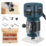 Oberfräse 800W, Handfräse 6-Gang mit 30000 U/min & 6,35mm Spannzange – Kantenfräse inkl. 15-teiligem Fräsersatz (1/4"), Transparenter Sohle & Holzbox – Für präzise Holzbearbeitung (Blau, EU-Stecker)