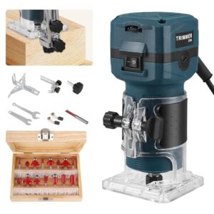 Oberfräse 800W, Handfräse 6-Gang mit 30000 U/min & 6,35mm Spannzange – Kantenfräse inkl. 15-teiligem Fräsersatz (1/4"), Transparenter Sohle & Holzbox – Für präzise Holzbearbeitung (Blau, EU-Stecker)